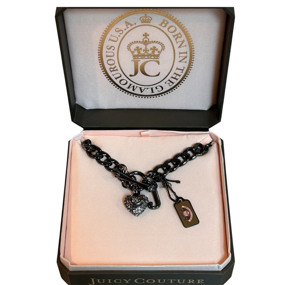 JUICY COUTURE Black Tone Chain Pave Heart & J Pendant Necklace NIB VINTAGE Y2K