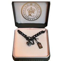 JUICY COUTURE Black Tone Chain Pave Heart & J Pendant Necklace NIB VINTAGE Y2K