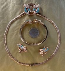 Vintage Oleg Cassini 3 Piece 24K Gold Plated & Blue Crystal Set w/ Original Box