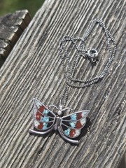 Vintage Butterfly Crushed Turquoise & Coral Necklace Silver Tone Alpaca Choker