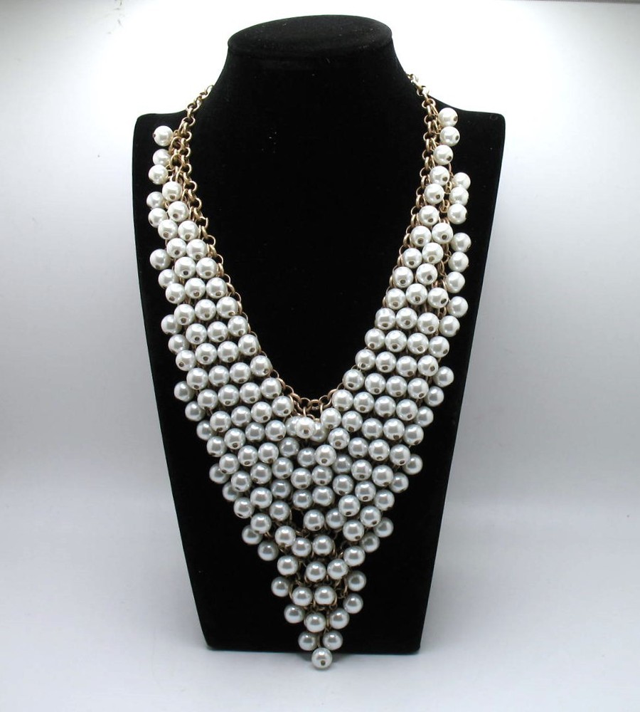 Vintage RJ Graziano statement bib necklace Goldtone chainmail and faux pearls