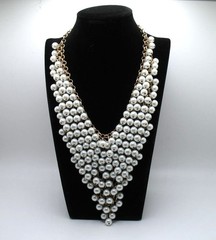 Vintage RJ Graziano statement bib necklace Goldtone chainmail and faux pearls