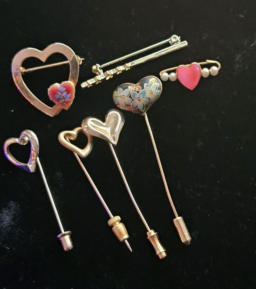 Lot of 7 Vtg/Mod Goldtone Heart Pins Stick Cloisonne Flower Heart Locket Bar Pin