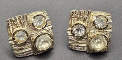 Vintage Modernist Textured Gold Tone Square ClipOn Earrings Clear Crystals 80s