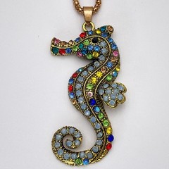 Betsey Johnson Seahorse Pendant Necklace Womens Multicolor Rhinestone Beach