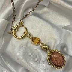 Vintage 12k GF Pocket Watch Chain FOB Necklace, Dog Clip,Goldstone & Citrine Gem