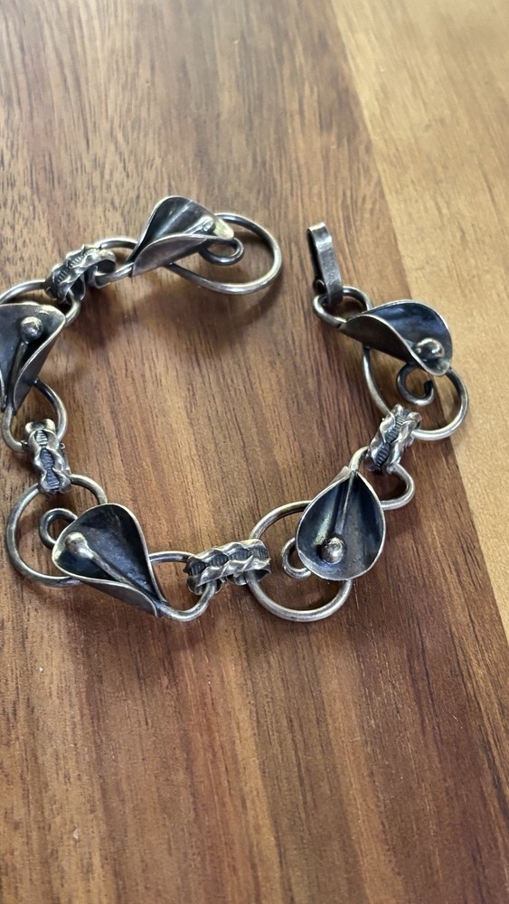 Vtg Sterling Calla Lily 5 Link 7″ Bracelet Mid Century Nouveau Revival 26.5g