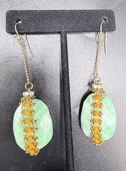 Artisan Green Orange Beaded Dangle Earrings Gold Tone Faceted Drops