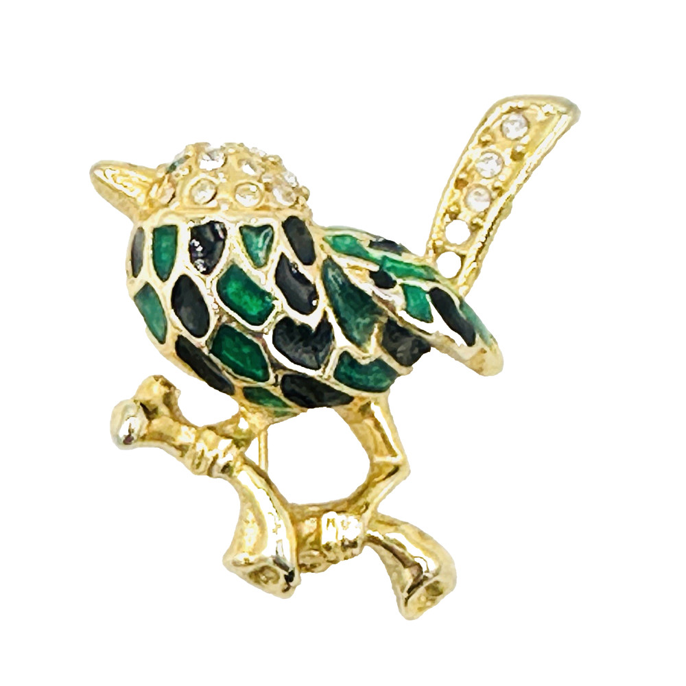 VTG Brooch Bird Pin Gold Tone Enamel Green Black Rhinestone Sparkly 1.25″