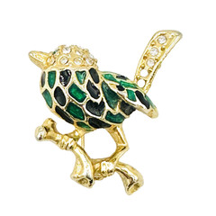 VTG Brooch Bird Pin Gold Tone Enamel Green Black Rhinestone Sparkly 1.25″