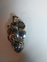 Vintage BEST Silver & Gold Tone Pirate Ship Cross Flags Brooch Pin Pendant