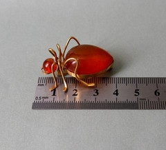 Vintage Natural Baltic Amber Beetle Brooch USSR Gold-Plated Pin 1962s