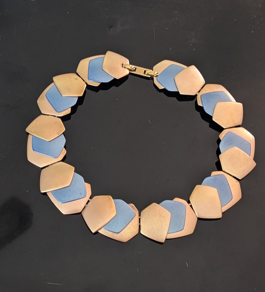 Monet All That Jazz Rose Gold Toned & Blue Necklace Choker Book Piece **READ**