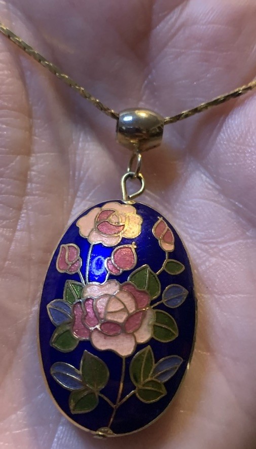 Cloisonné Pendant Floral Design 24 inch Gold Plated Chain Vintage Blue Pink