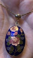 Cloisonné Pendant Floral Design 24 inch Gold Plated Chain Vintage Blue Pink