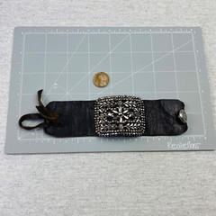 Antique Cut Steel Artisan Redesigned Shoe Buckle Clip On Thick Leather Bracelet