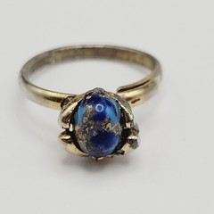 Antique Lapis Lazuli Small Domed Stone w Specks Ring Adjustable Worn Distressed