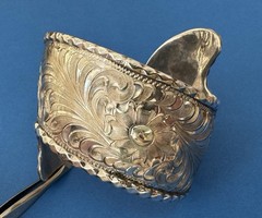 Vintage RARE Signed MOSES Sterling Silver Hand Engraved Curved End Cuff Bracelet