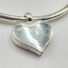 Vintage Y2K Silver Tone Heart Charm Open Cuff Bangle Bracelet Classic Slide