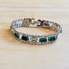 VTG Faux Emerald Rhinestone Bracelet Art Deco Rhodium Plated Elegant Regency 7″