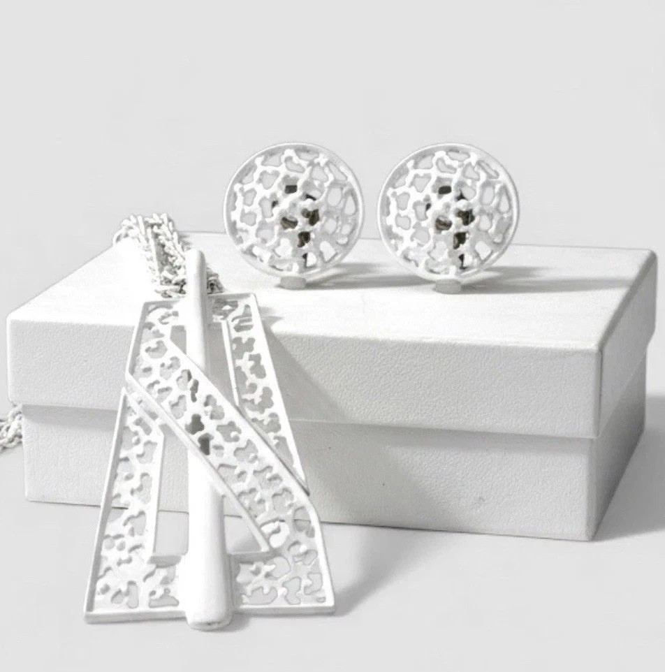Vintage Crown Trifari White Enamel Modernist Necklace and Earrings Set