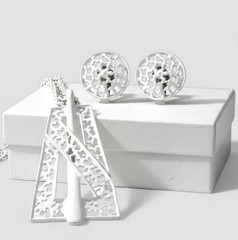 Vintage Crown Trifari White Enamel Modernist Necklace and Earrings Set