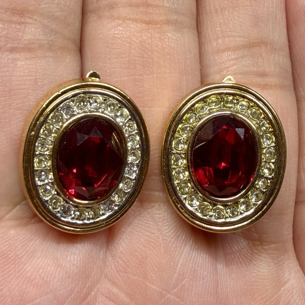 Vintage Auth Lanvin Germany Gold Tone ClipOn Earrings Oval Red Simulated Crystal