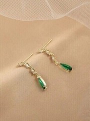 Pear Green Emerald & Lab Created Diamond Drop/Dangle 14K Yellow Gold FN Earrings
