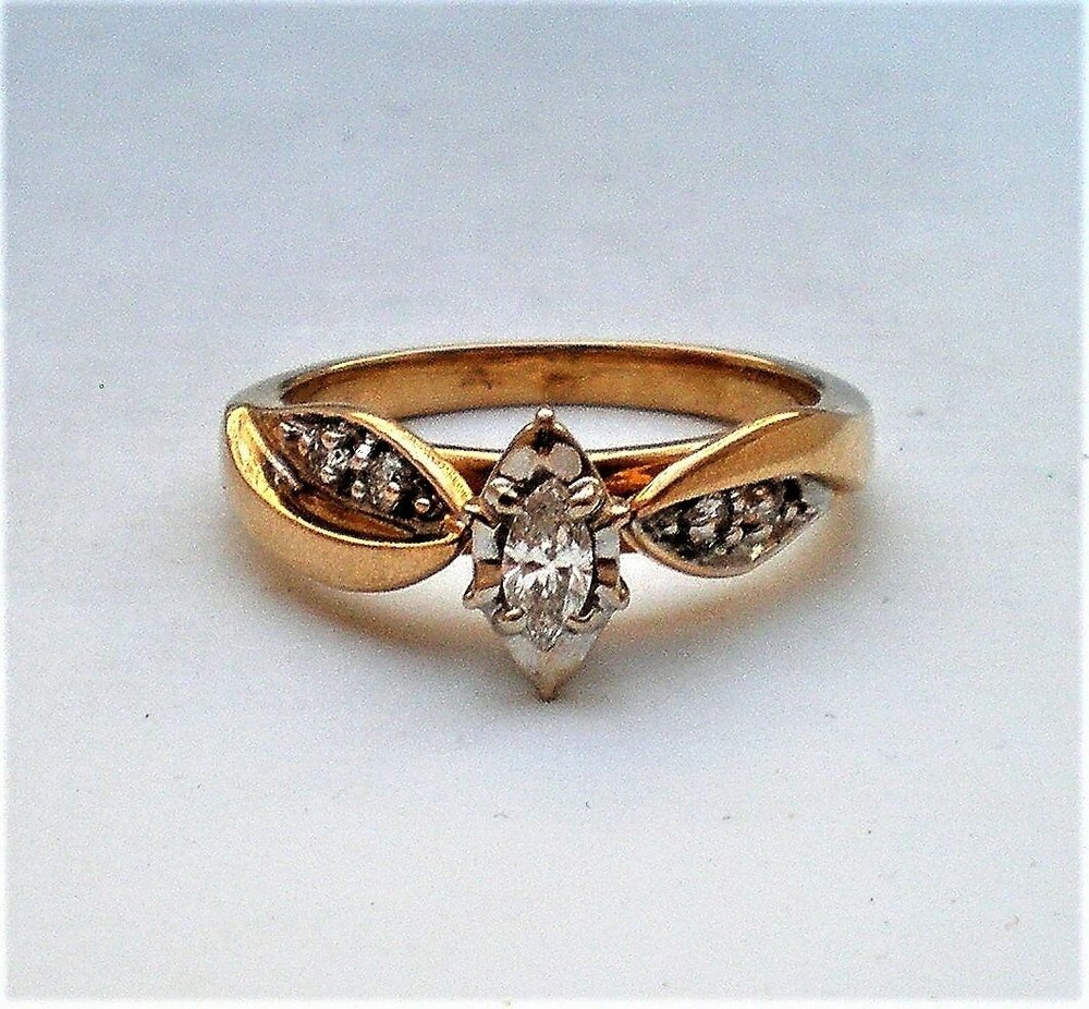 Vintage 14k Yellow White Gold 0.24CT Marquise & Round Diamond Engagement Ring P