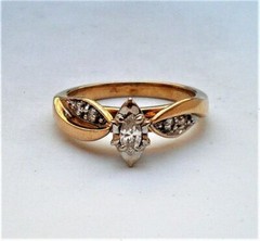 Vintage 14k Yellow White Gold 0.24CT Marquise & Round Diamond Engagement Ring P