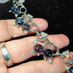 Vintage Blueberry Tutti Fruitti Cabochon & Clear Rhinetone Necklace Silver Toned