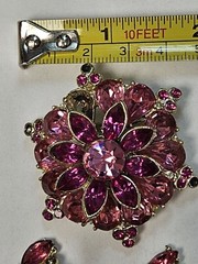 Vintage Figural Fucshia Pink Rhinestone Brooch Pin Signed EDLEE Clip On Earrings