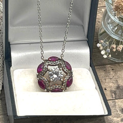 Vintage 925 Sterling Silver Red & White CZ Floating Pendant Necklace, 18″