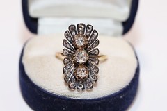 Antique Circa 1900s 18k Gold Natural Diamond Decorated Navette Ring