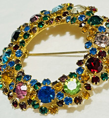 Vintage Multicolor Rhinestone Circle Brooch Pin Prong Set Gold Tone Setting
