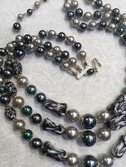 Vintage Three Strand Necklace Grey Dark Purple Silver Tone Made In Japan O87