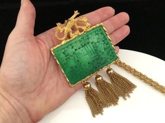 Vintage 1960s Signed HATTIE CARNEGIE Dragon & Faux Jade Tassel Necklace Brooch