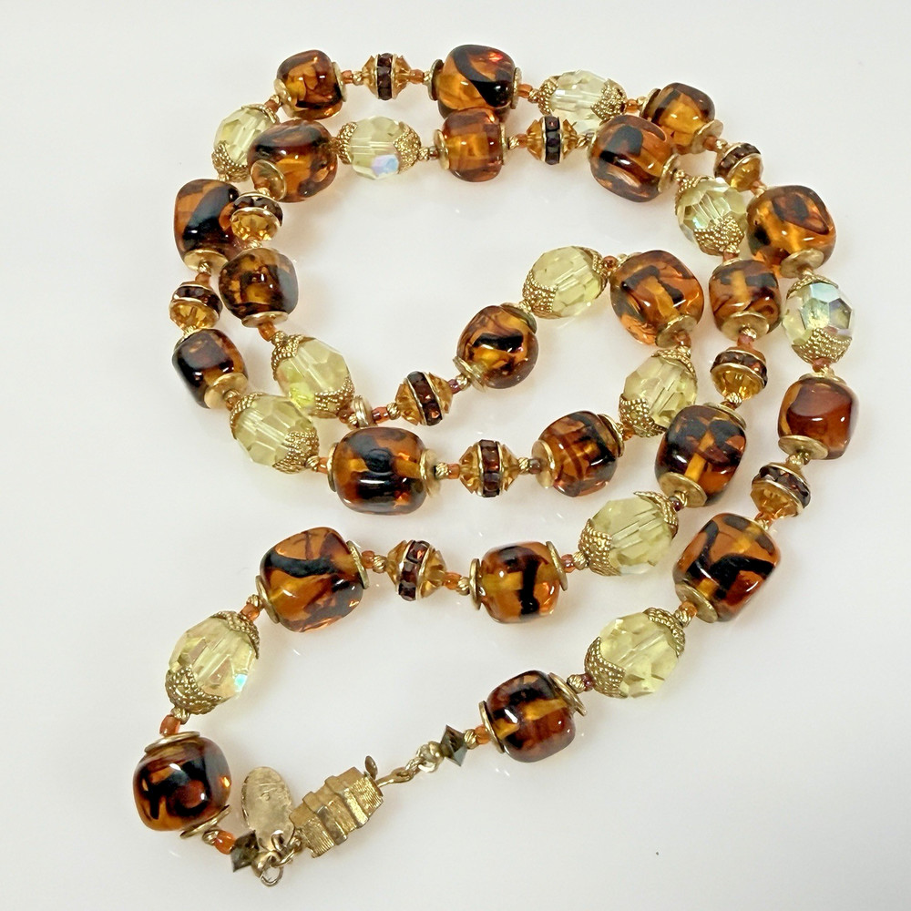 Vintage Vendome Necklace Gold Tone Cognac & Cream Glass Beads 26″