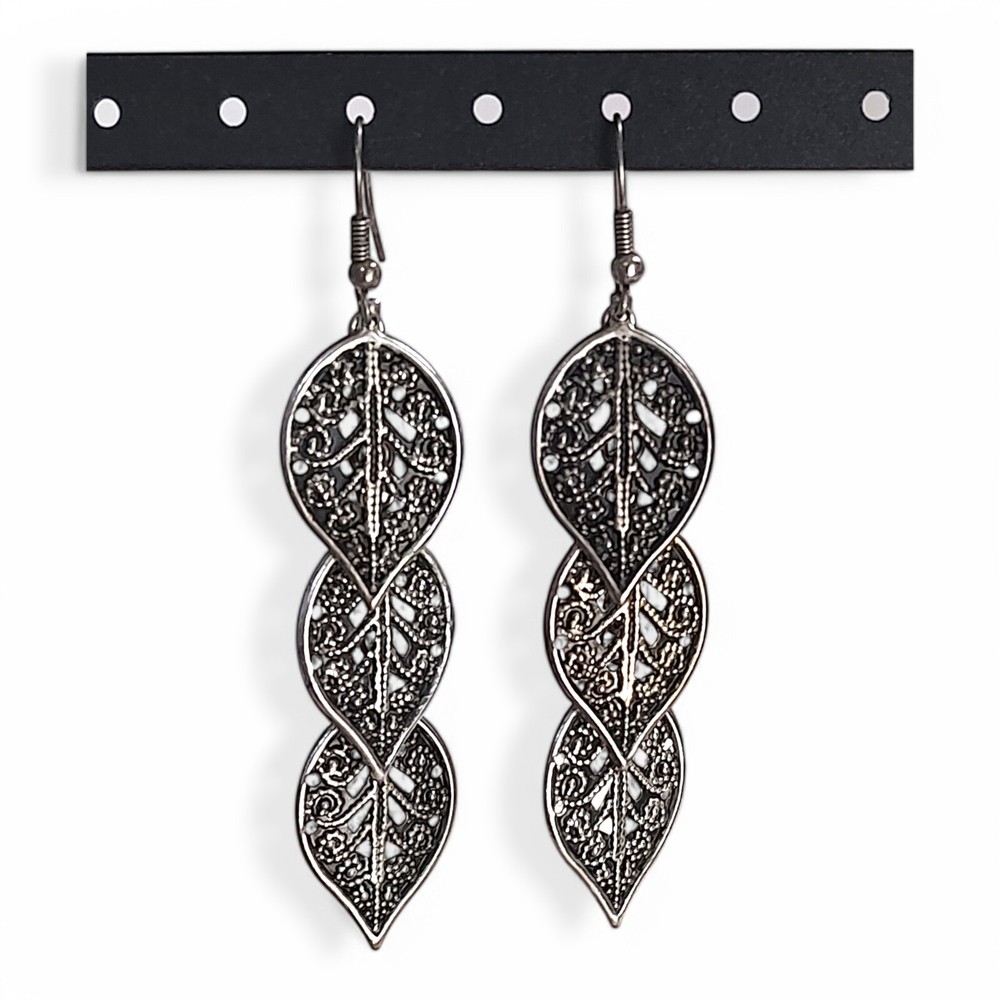 VTG Chunky Stainless Leaf Filigree Glamorous Dangle Statement Earrings 3.25″