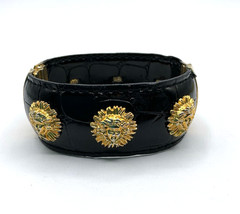 Vintage Black Patent Leather Gold Tone Medusa Accents Hinged Clamper Bracelet
