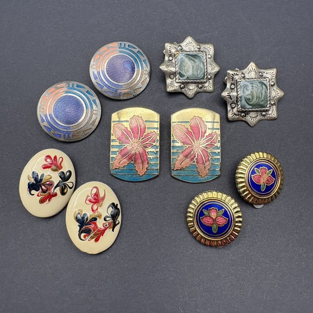 Vintage Clip-On Earring Lot 6 Pairs Enamel Faux Stone Mixed Styles Flowers