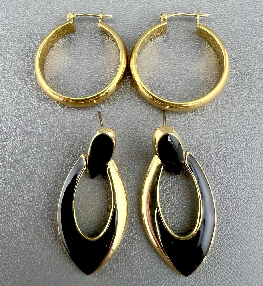Vintage Napier Earrings Lot 2 Hoop Door Knocker Gold Tone Black Enamel Pierced