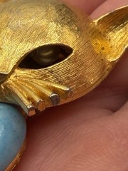 Vintage Cat Brooch Gold Tone Faux Pearl Eyes Blue Dyed Cabochon Belly Stone Pin