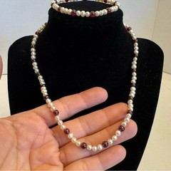 Vintage Rice Pearls & Almandine Garnet Gemstones Beaded Necklace & Bracelet Set
