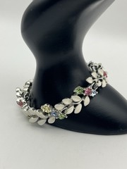 Lisner pastel blue pink green rhinestone white enamel flower leaves bracelet