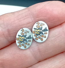 Vintage Damascene Stud Earrings Reed & Barton Silver Bird Maple Leaf .5″