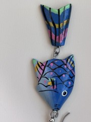 VTG Dangle Fish Earrings Hand-Painted Wood Silver-tone Metal Tropical Blue 3”L