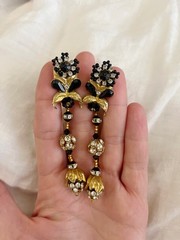 Lois Ann Vintage 80s Gold Crystal Clip On Earrings Black Glass Beads Statement