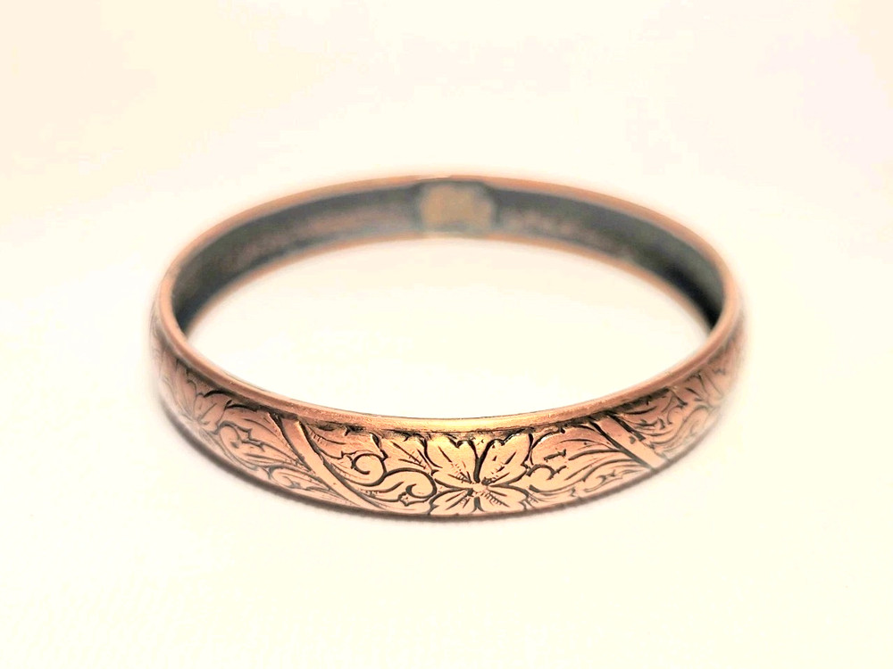 Vintage Solid Copper Etched Floral Bangle Bracelet 8″ Circumference Boho Jewelry