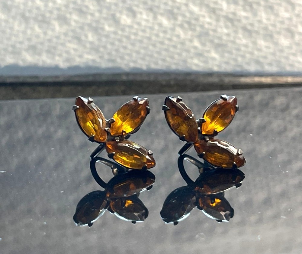 Vintage 1950s Amber Topaz Glass Marquise Cluster Statement Earrings